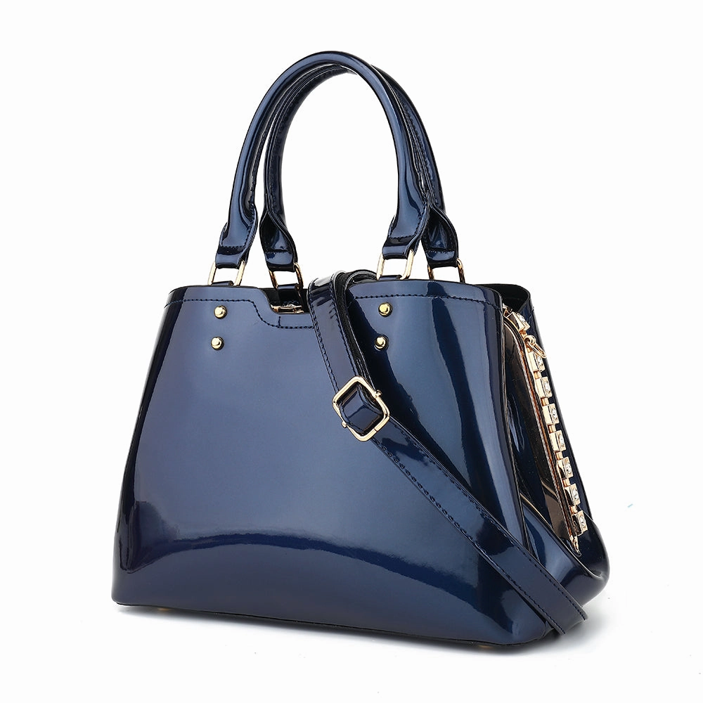 Double Handle Frame Satchel with Rhinestones Patent Leather 9465 Compact Carry Functional Companion