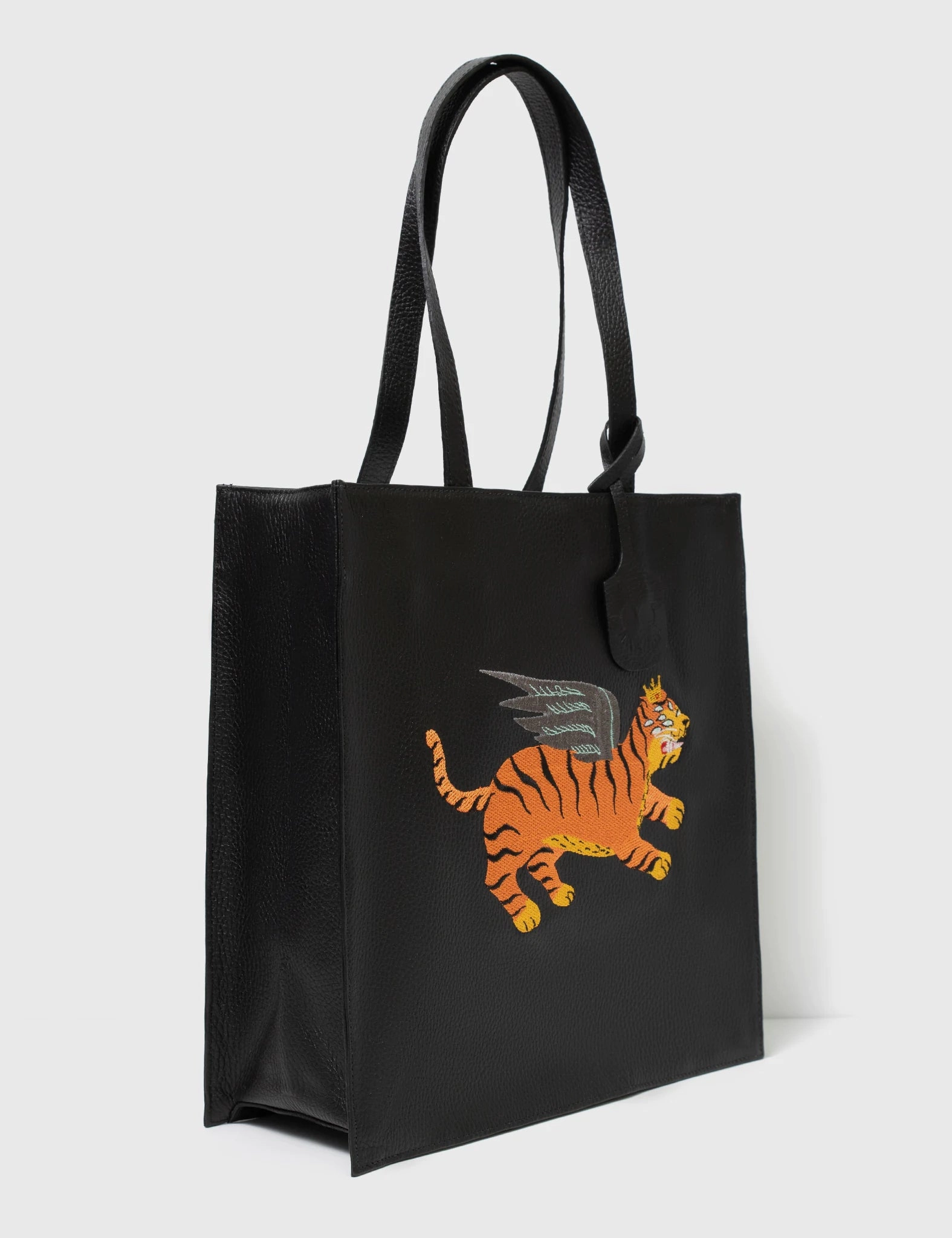 Work Accessory Marko Black Leather Tote Bag - Flying Tiger Embroidery