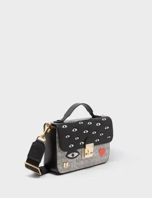 Casual Choice Amantis Black And Cream Leather Crossbody Mini Handbag - All Over Eyes Embroidery