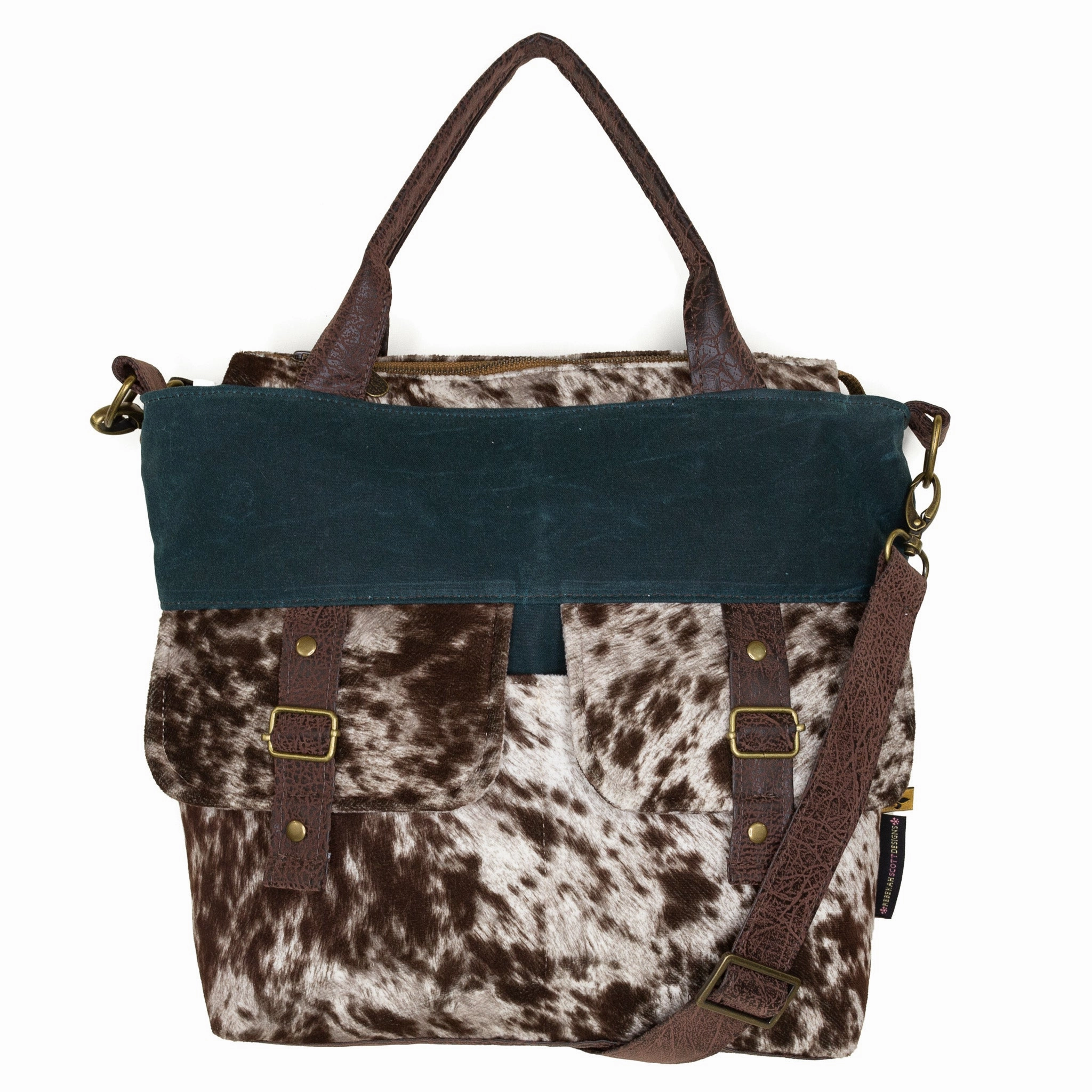Quick Carry Amber Crossbody Premier: Designer's Closet Stampde Cowhide/Deep Teal Waxed Canvas