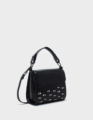Anastasio Micro Crossbody Handbag Black Leather - All Over Eyes Embroidery Trendy Choice Comfortable Grip