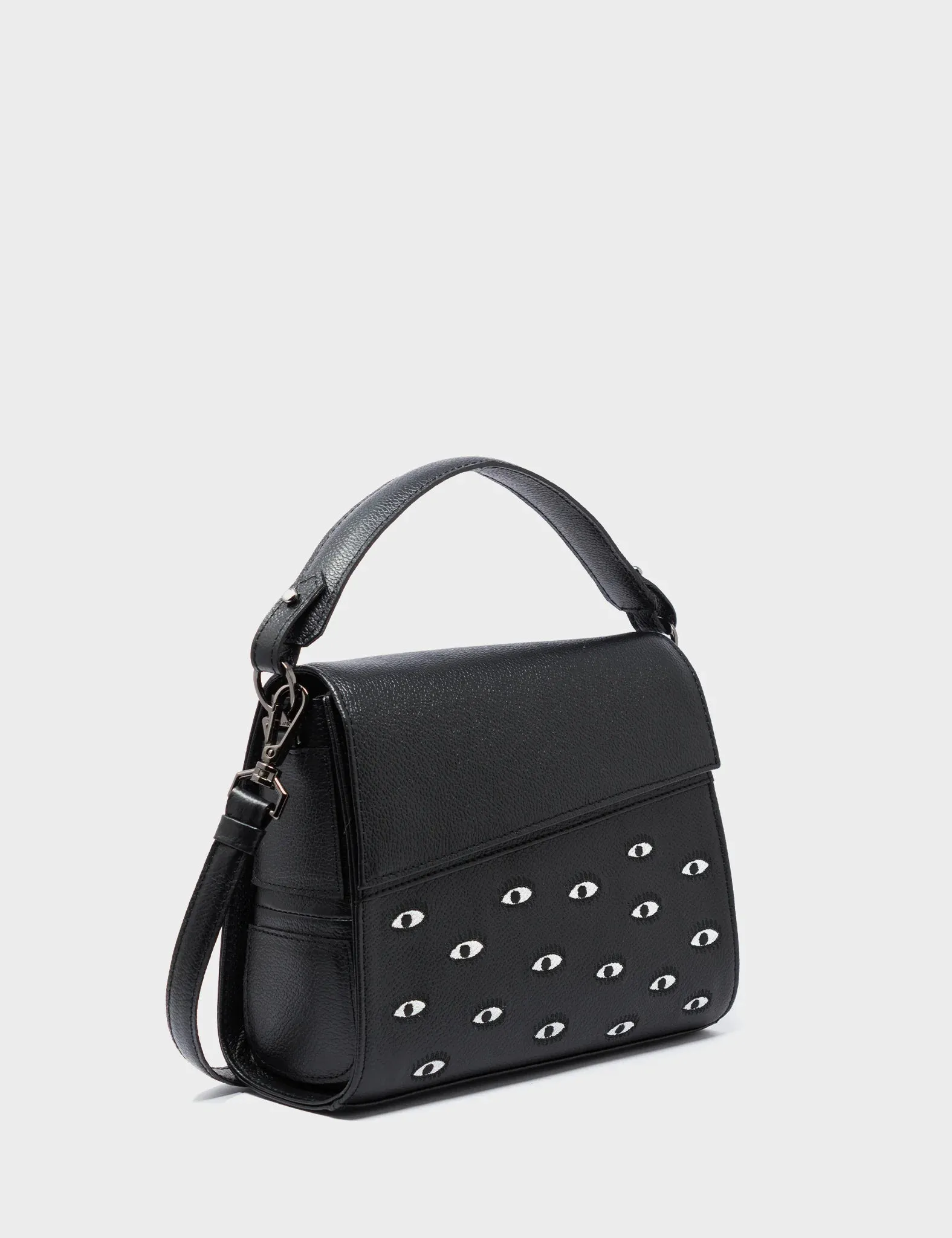 Anastasio Mini Crossbody Handbag Black Leather - All Over Eyes Embroidery Sleek Minimal Look