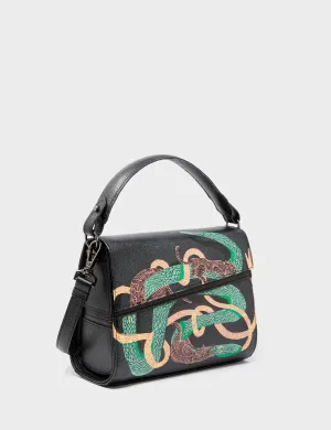 Anastasio Mini Crossbody Handbag Black Leather - Tiger and Snake Print Handmade Craft