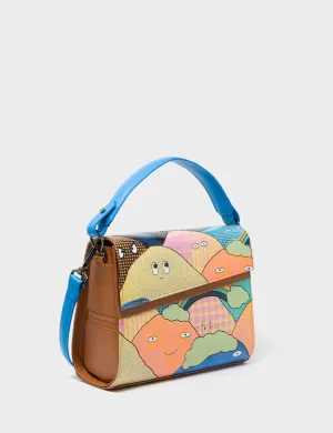 Anastasio Mini Crossbody Handbag Ibiza Blue and Caramel Leather - Happy Mountains Print Balanced Vision Artistic Shape