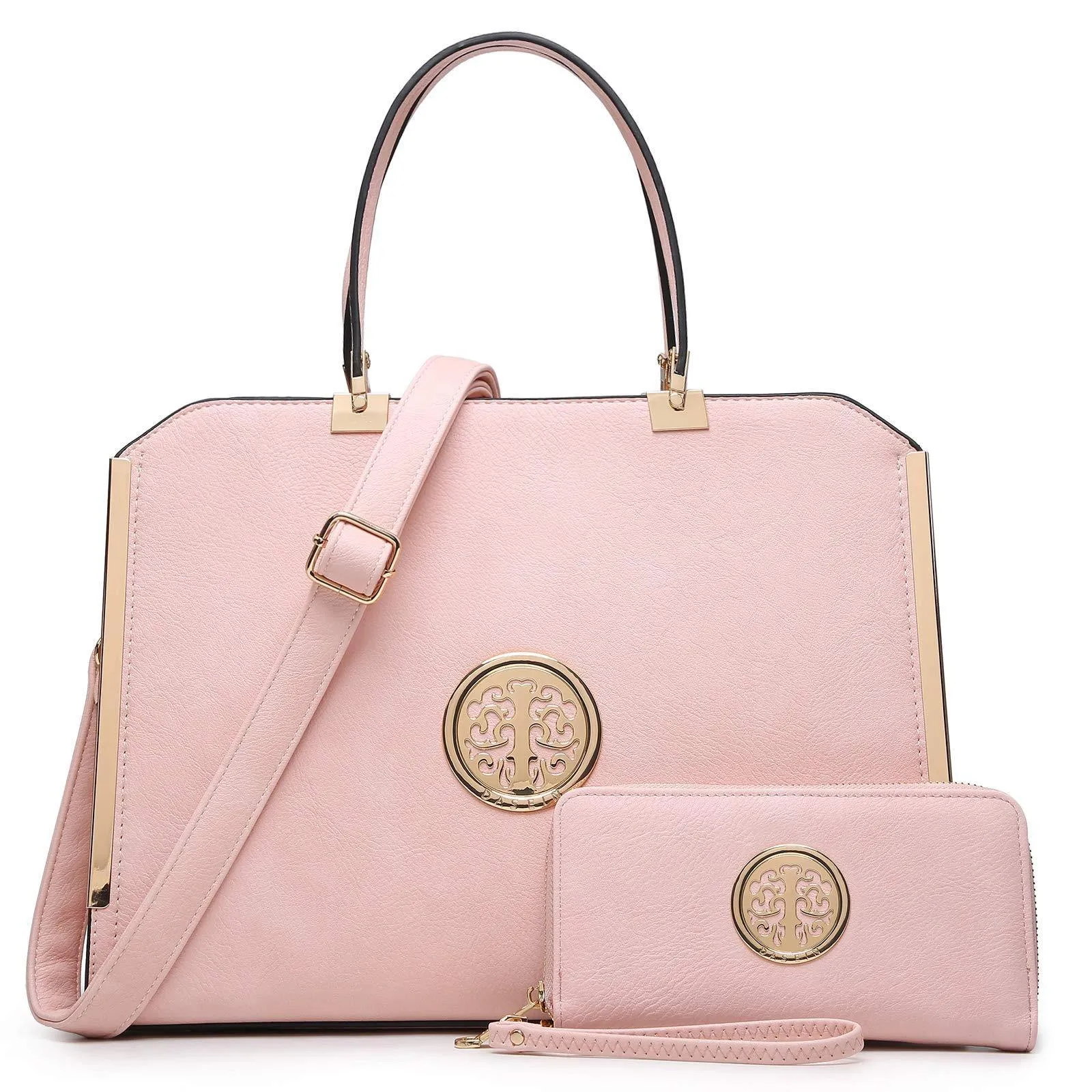 Lifestyle Piece Metal Edged Emblem Handbag with Matching Wallet