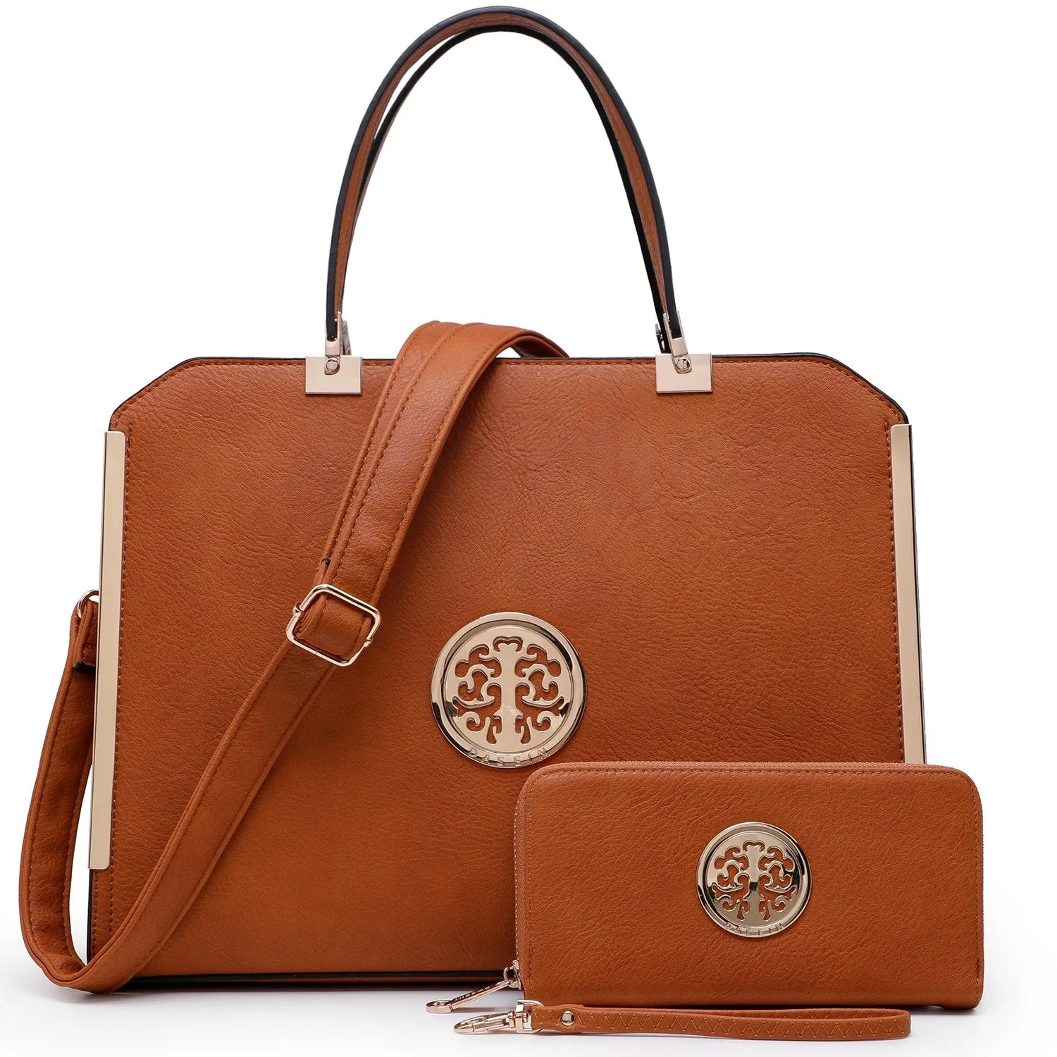 Everyday Function Metal Edged Emblem Handbag with Matching Wallet