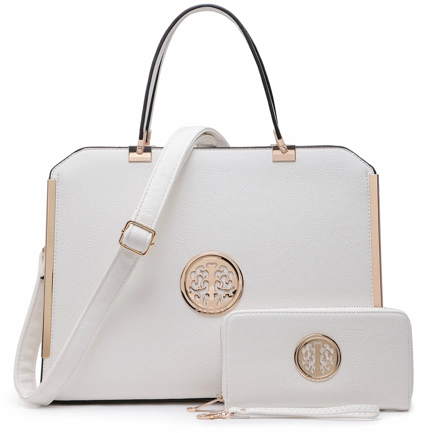 Metal Edged Emblem Handbag with Matching Wallet Large-capacity handbag