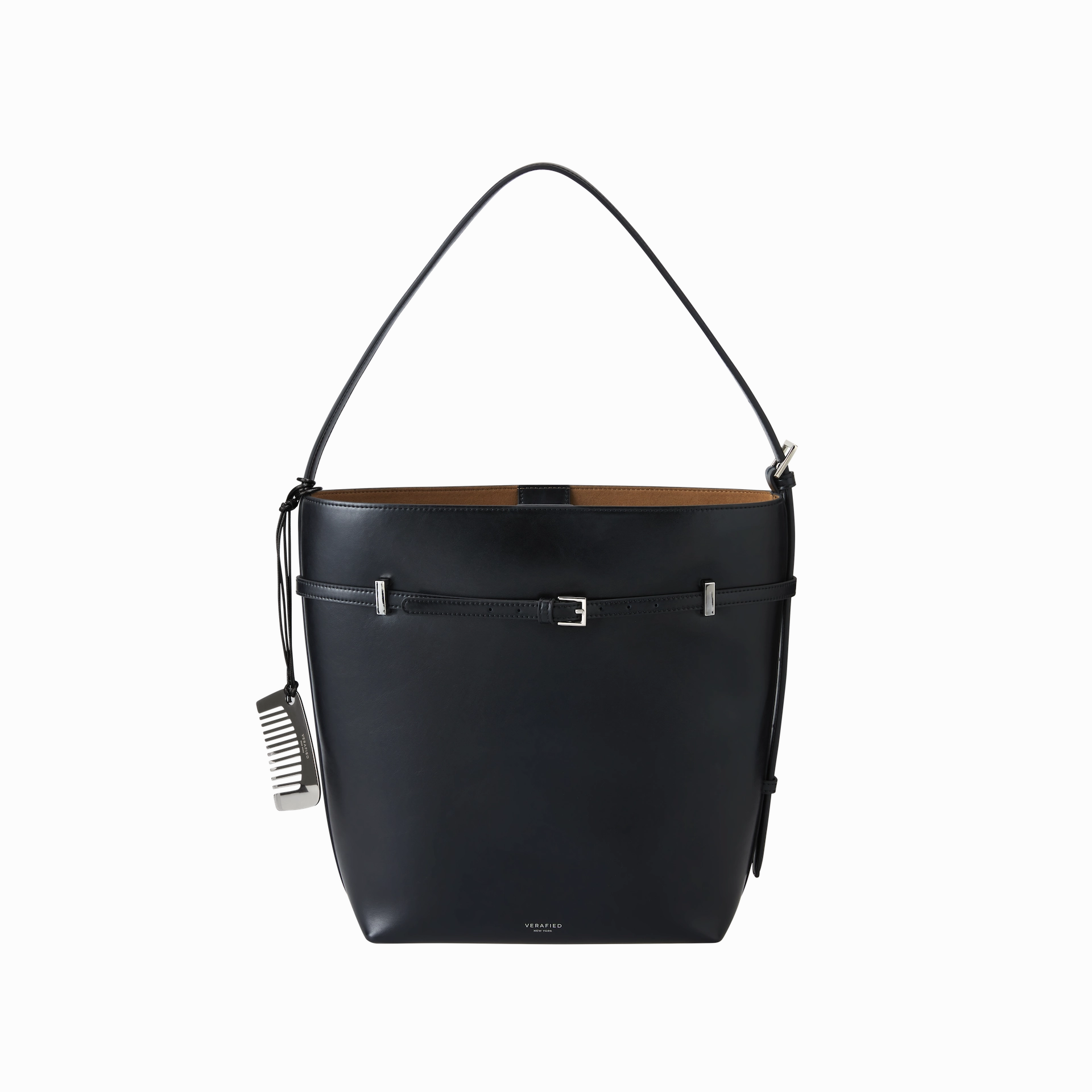 Unisex Appeal Sleek Utility Black Belted Leather Tote Bag