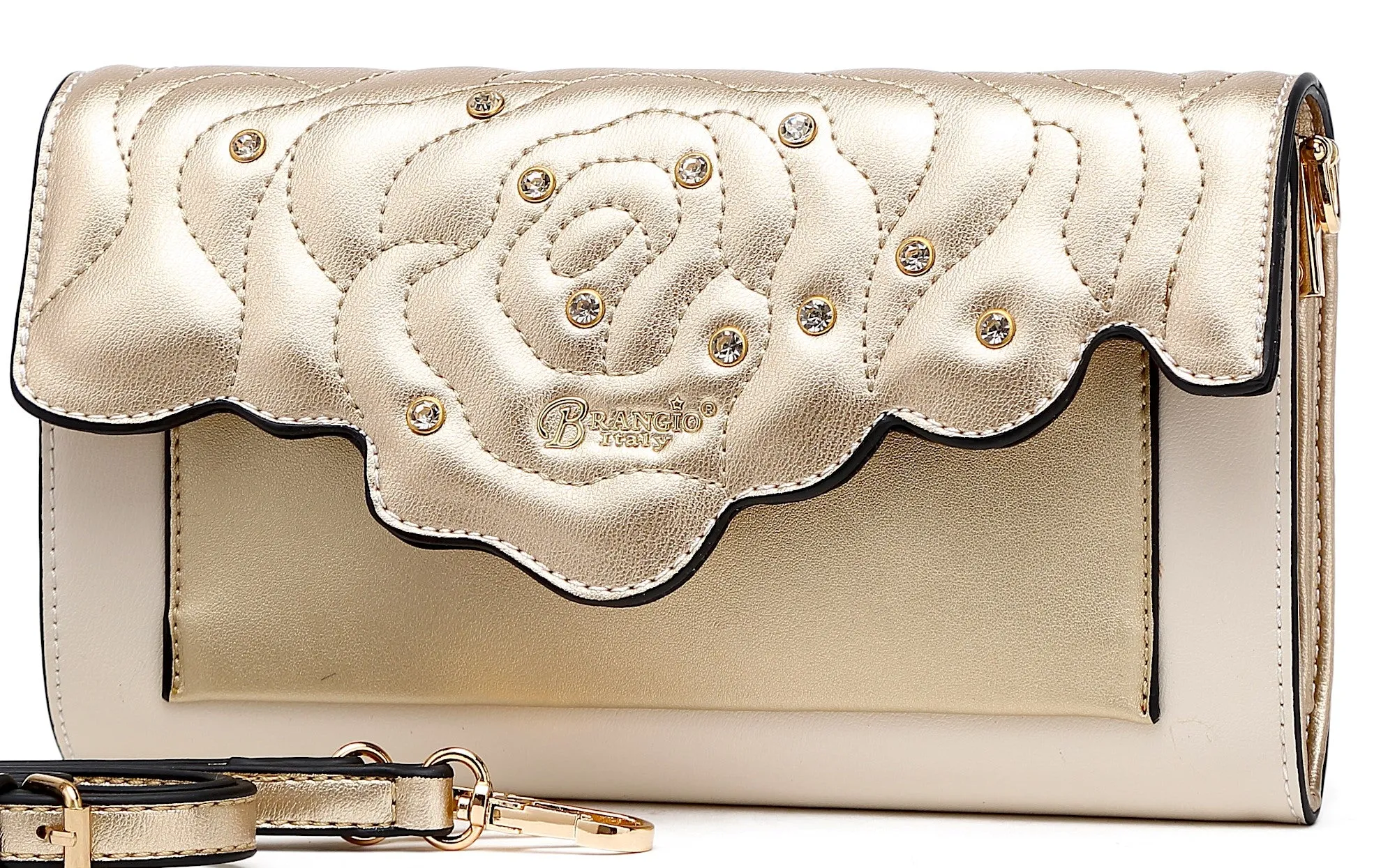 High Durability Brangio Italy Rose Embossed Convertible Clutch ?C Black Faux Leather Evening Bag with Rhinestones & Chain Strap | U.S.A. Company Ships from L.A.