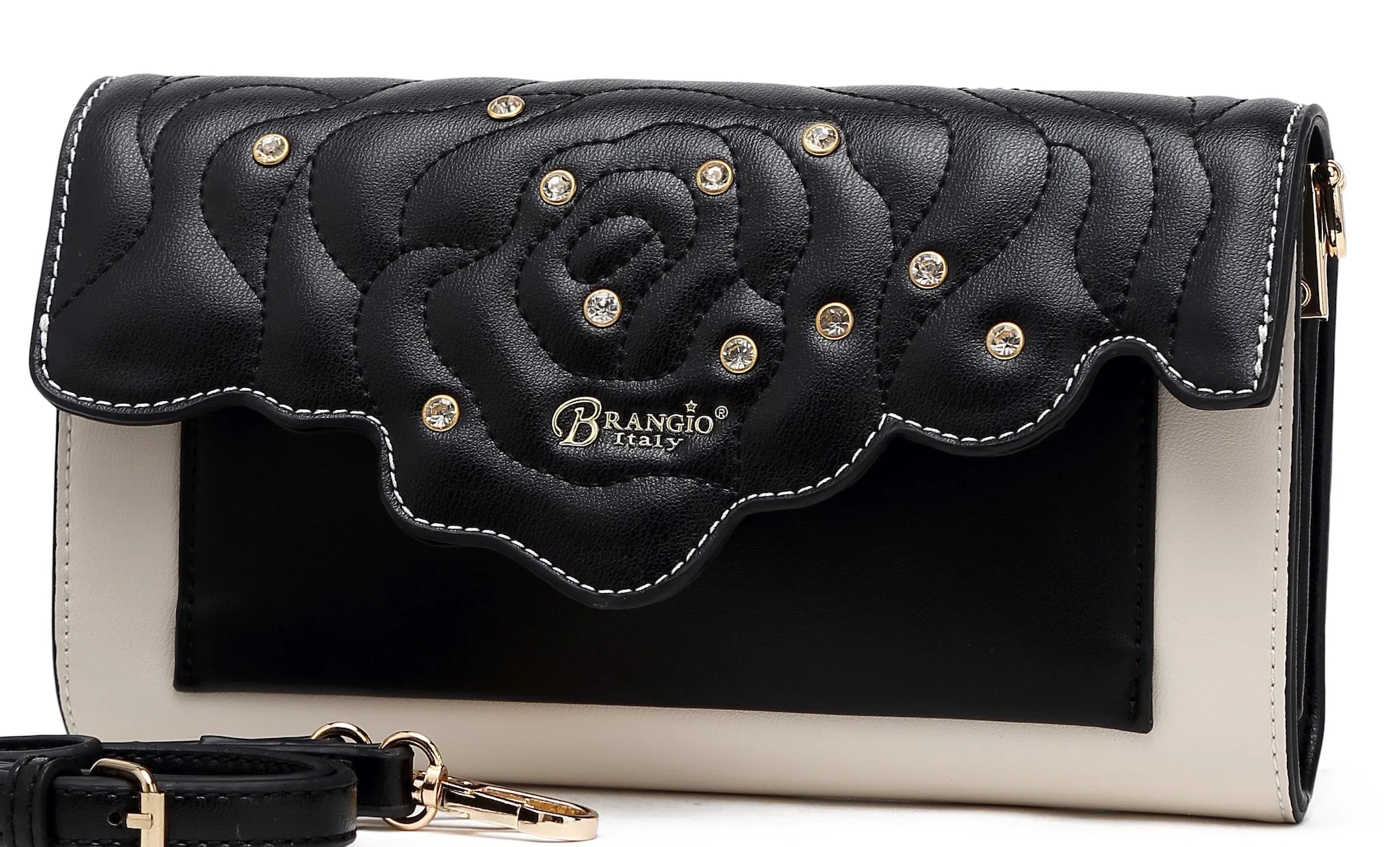 Brangio Italy Rose Embossed Convertible Clutch ?C Black Faux Leather Evening Bag with Rhinestones & Chain Strap | U.S.A. Company Ships from L.A. Weekend Casual