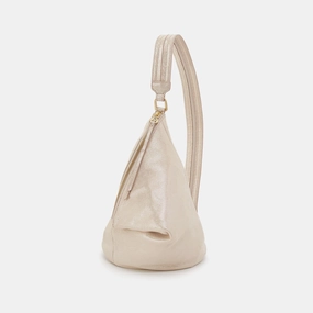 Stylish Carry Sway Small Sling In Metallic Leather - Sand Shimmer