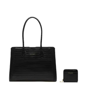Sophisticated Feel Cadeau d'Isabel croco black calfskin leather handbag and wallet set