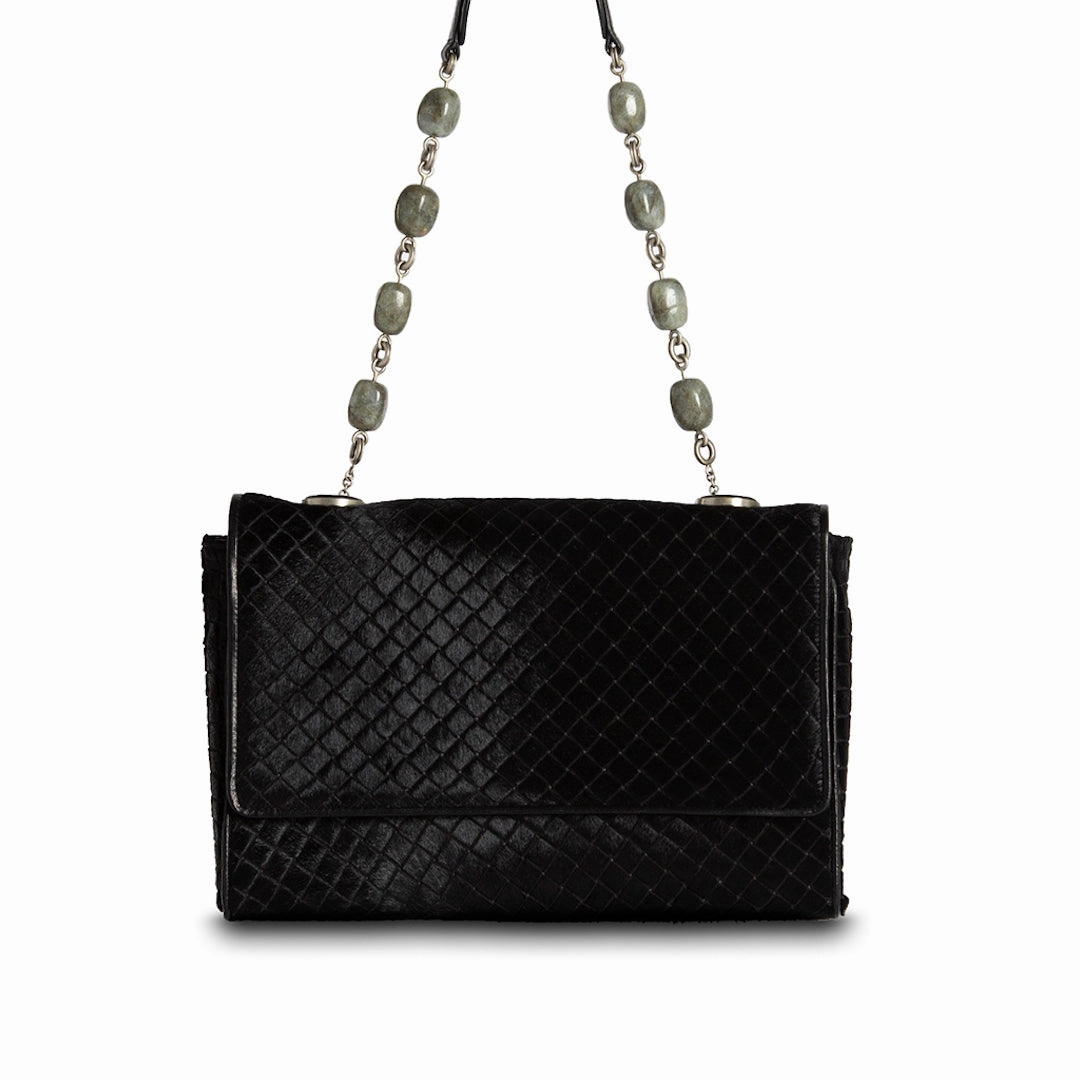 Portable Utility Chain & Jewel Shoulder Bag - Black Embossed Haircalf, Agate