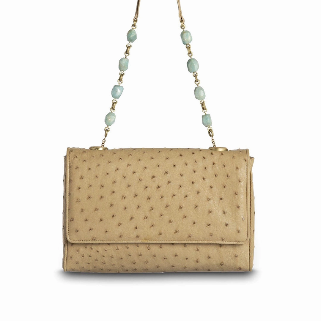 Chain & Jewel Shoulder Bag - Tan, Amazonite Handle Classic Travel