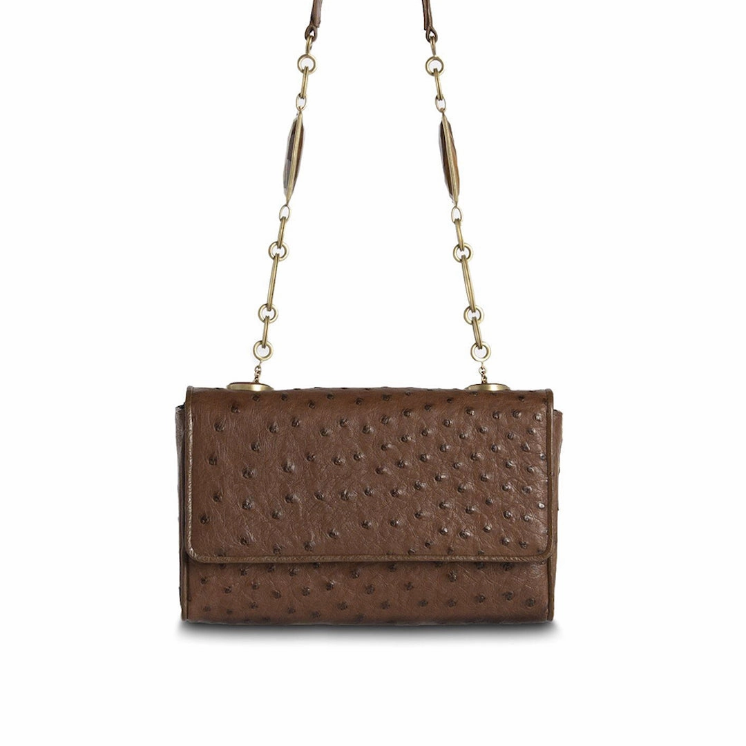 Chain & Jewel Shoulder Bag, Mini -Brown , Gemstone Accents Contemporary Touch Sleek Utility