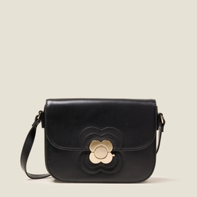 Fine Craft Eclipse Leather Crossbody Bag - Flower Applique Black