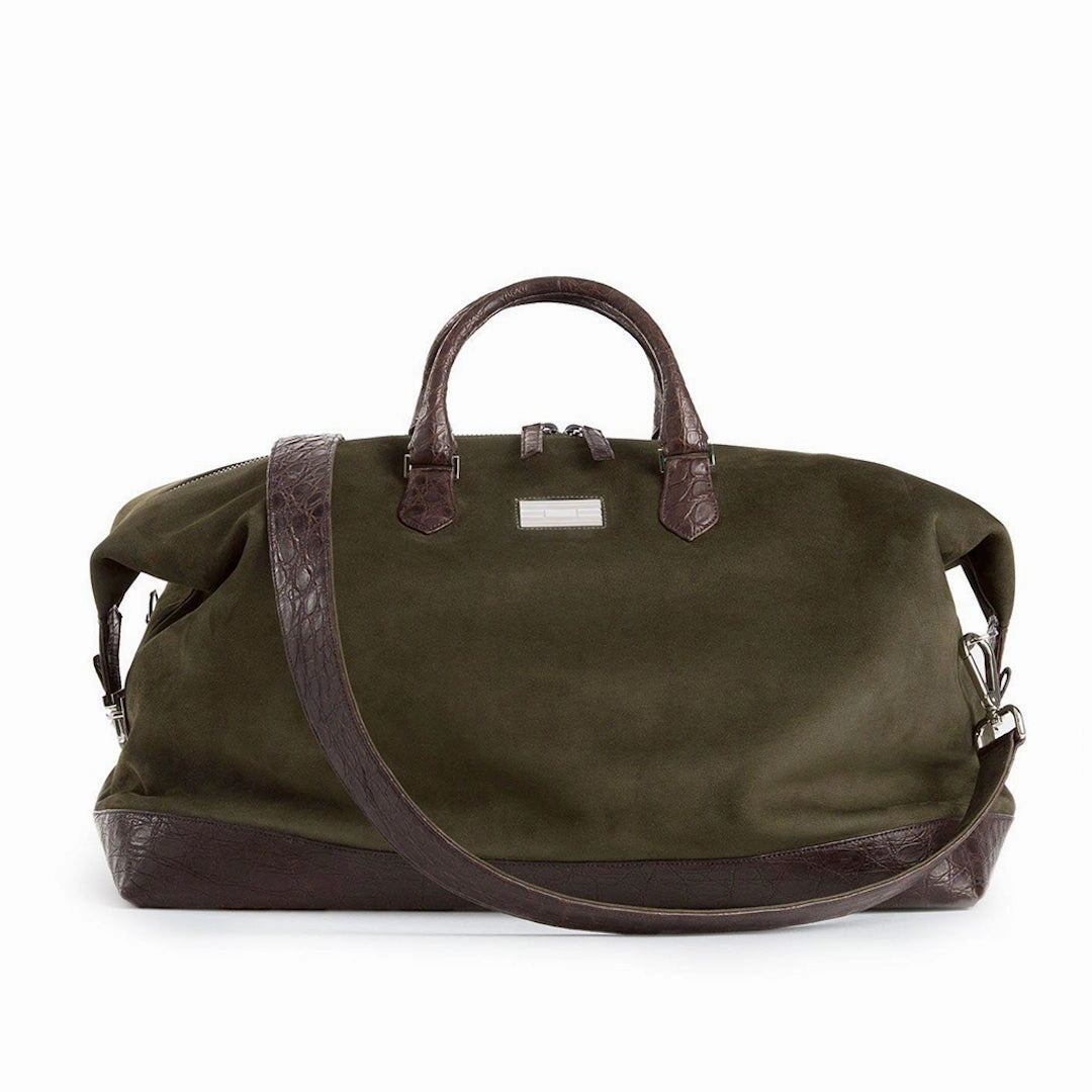 Aspen Travel Duffle Bag, Olive Suede, Croc Trim Minimalist Aesthetic
