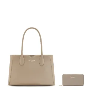 Modern Outfit Iconic Shape Cadeau d'Isabel taupe calfskin leather handbag and wallet set