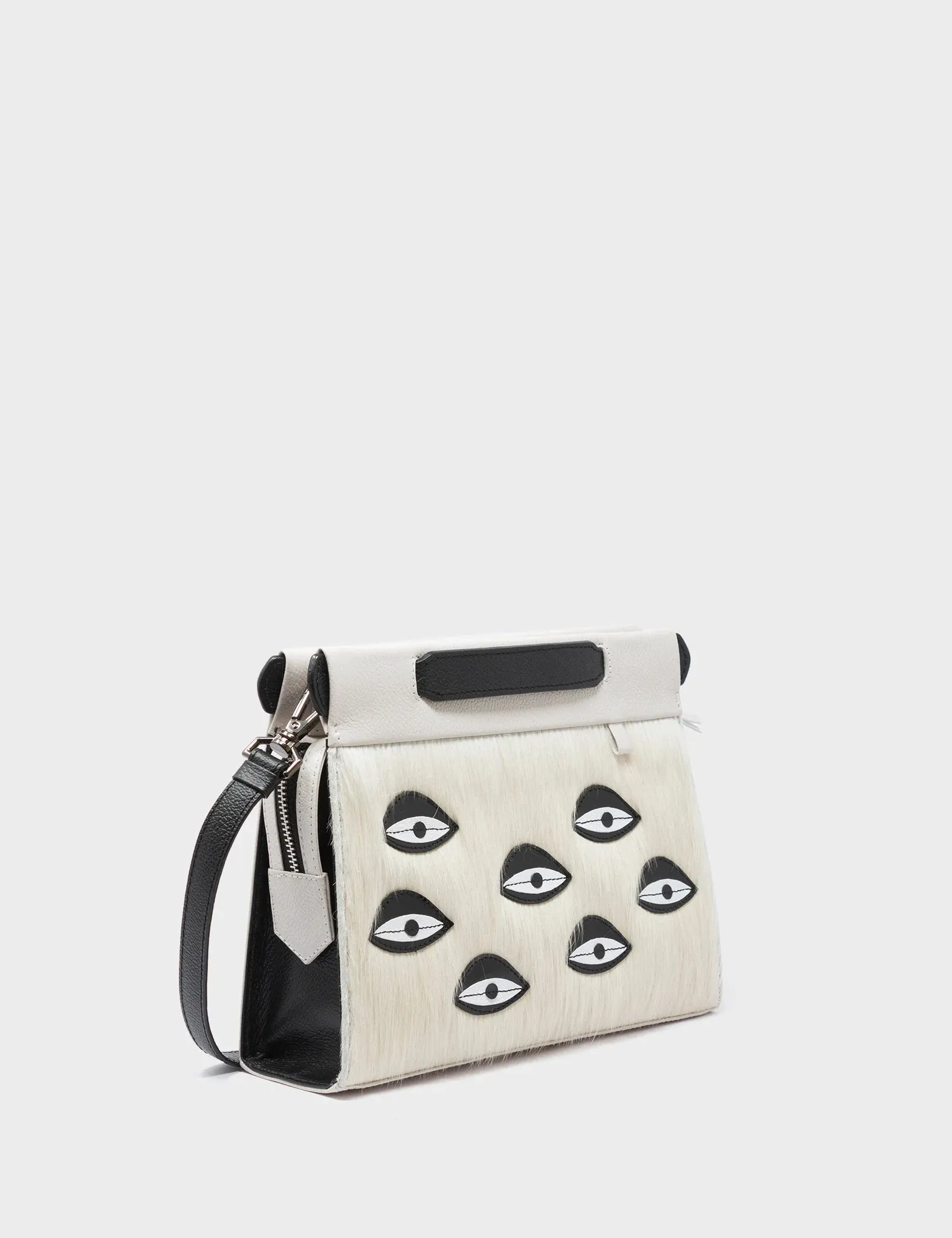 Vali Crossbody Small Cream Leather Bag - Eyes Applique Adjustable Handle Soft Tone Refined Geometry