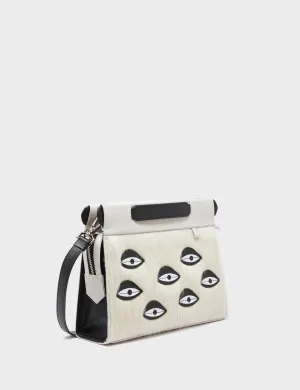 Vali Crossbody Small Cream Leather Bag - Eyes Applique Adjustable Handle Soft Tone Refined Geometry