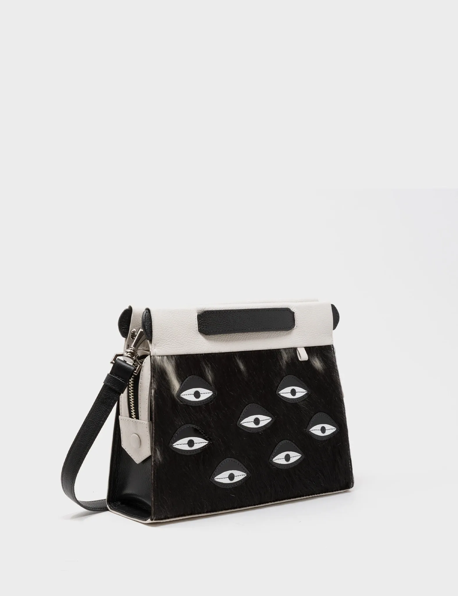 Vali Crossbody Small Cream Leather Bag - Eyes Applique Adjustable Handle Functional multi-pocket purse Refined Shape