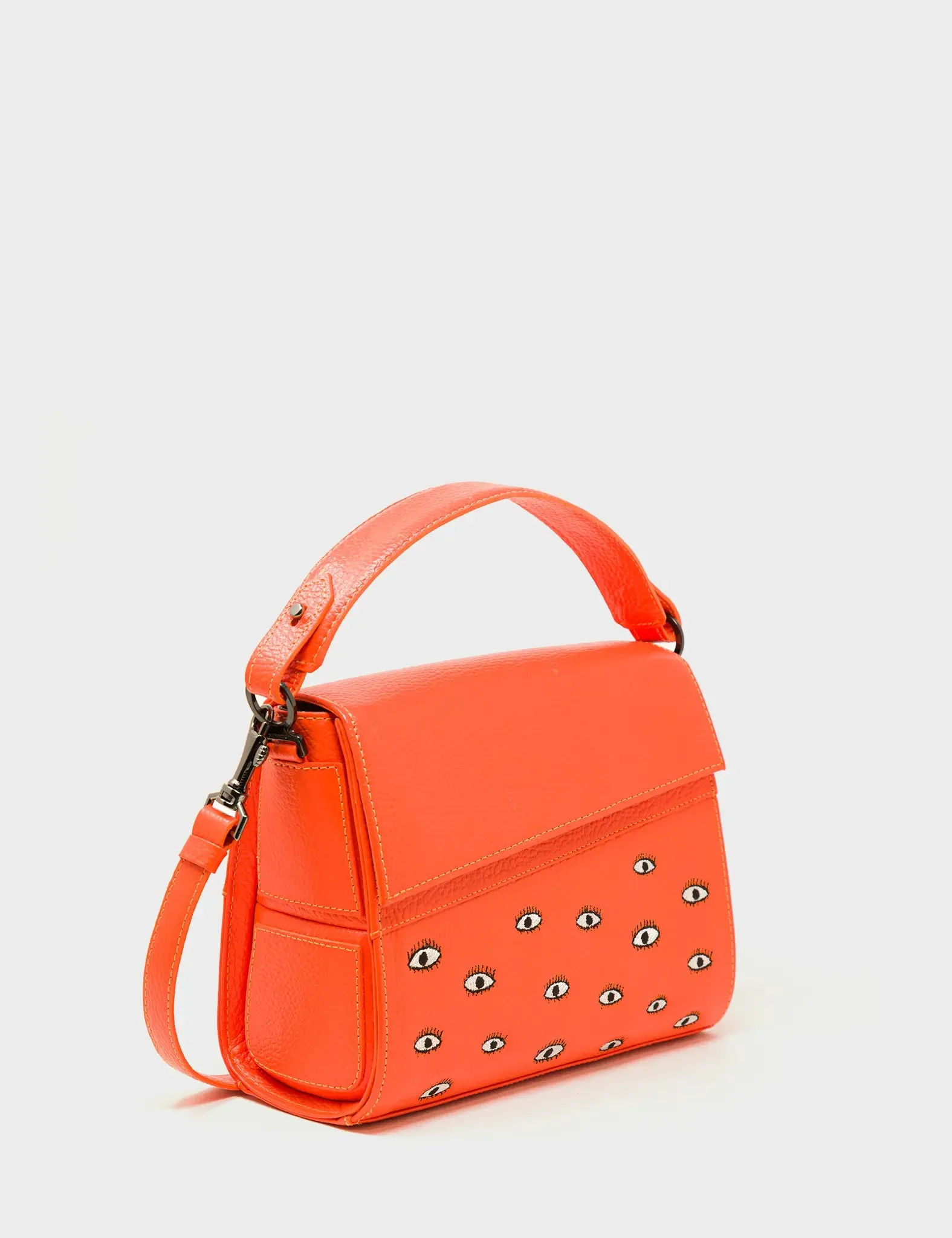 Contemporary Vibe Fashion Accent Anastasio Mini Crossbody Handbag Neon Orange Leather - All Over Eyes Embroidery