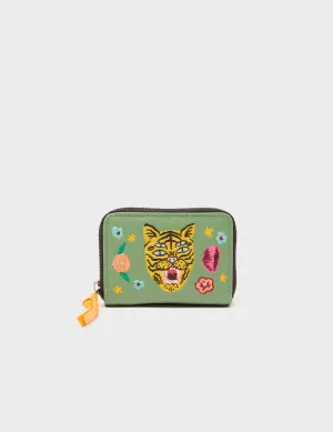 Frodo Basil Green Leather Zip Around Wallet - Happy Tiger Embroidery Compact Design