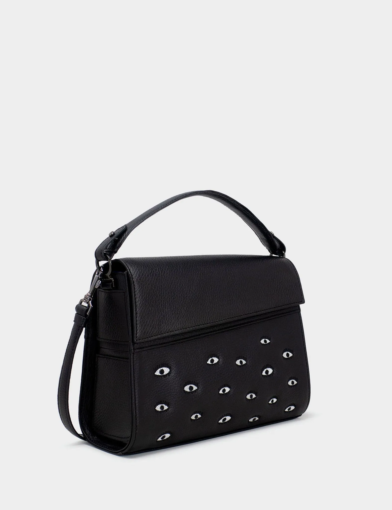 Anastasio Medium Crossbody Handbag Black Leather - All Over Eyes Embroidery Sleek Commuter Design