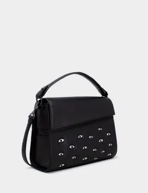 Chic Proportion Timeless Structure Anastasio Medium Crossbody Handbag Black Leather - All Over Eyes Embroidery
