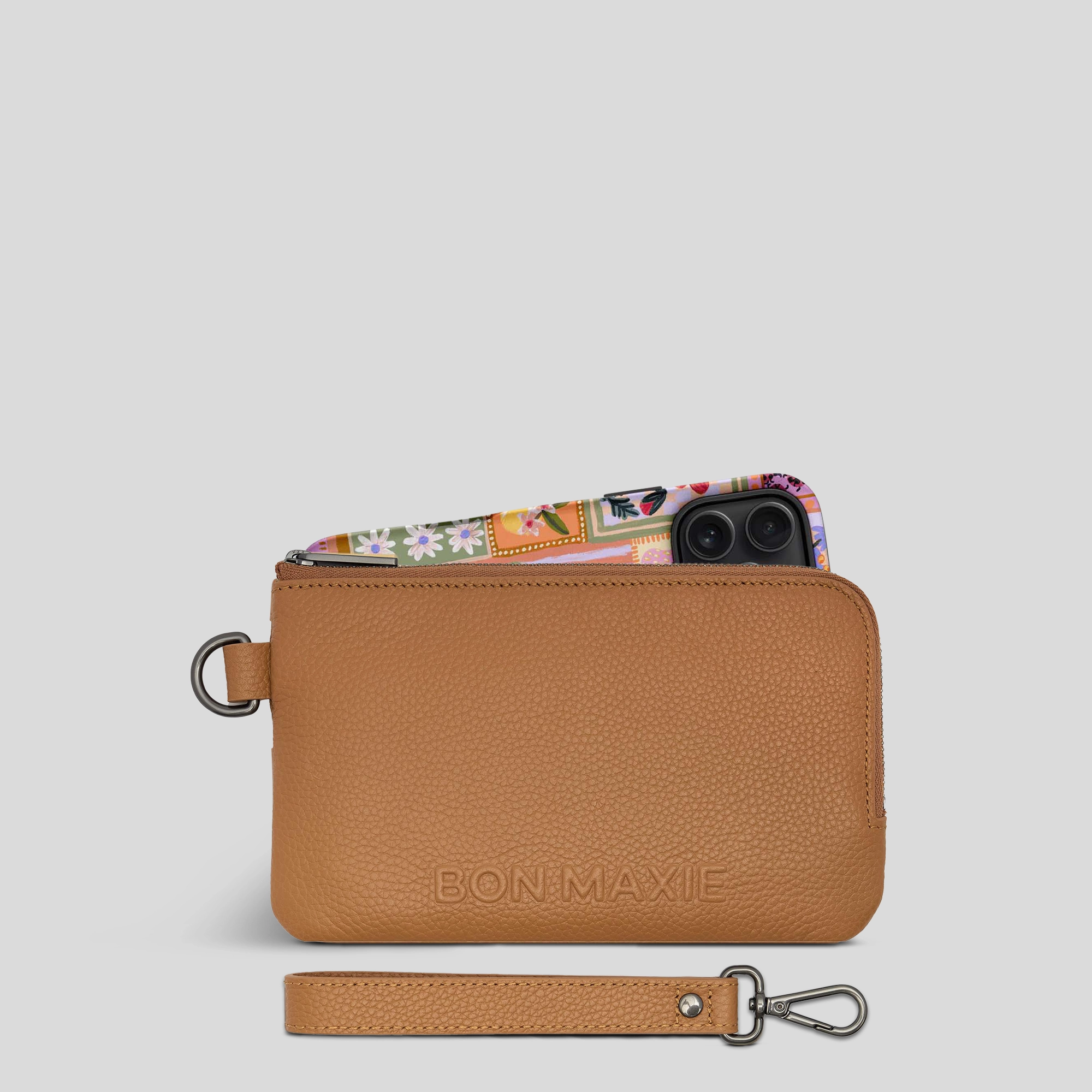 and Minimalist credit card pouch. Phone Wallet Pouch in full-grain pebbled leather -- Tan