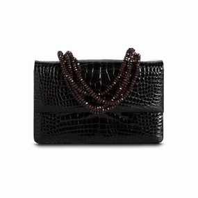 City Style Refined Look Necklace Handbag - Black Crocodile, Garnet Handle