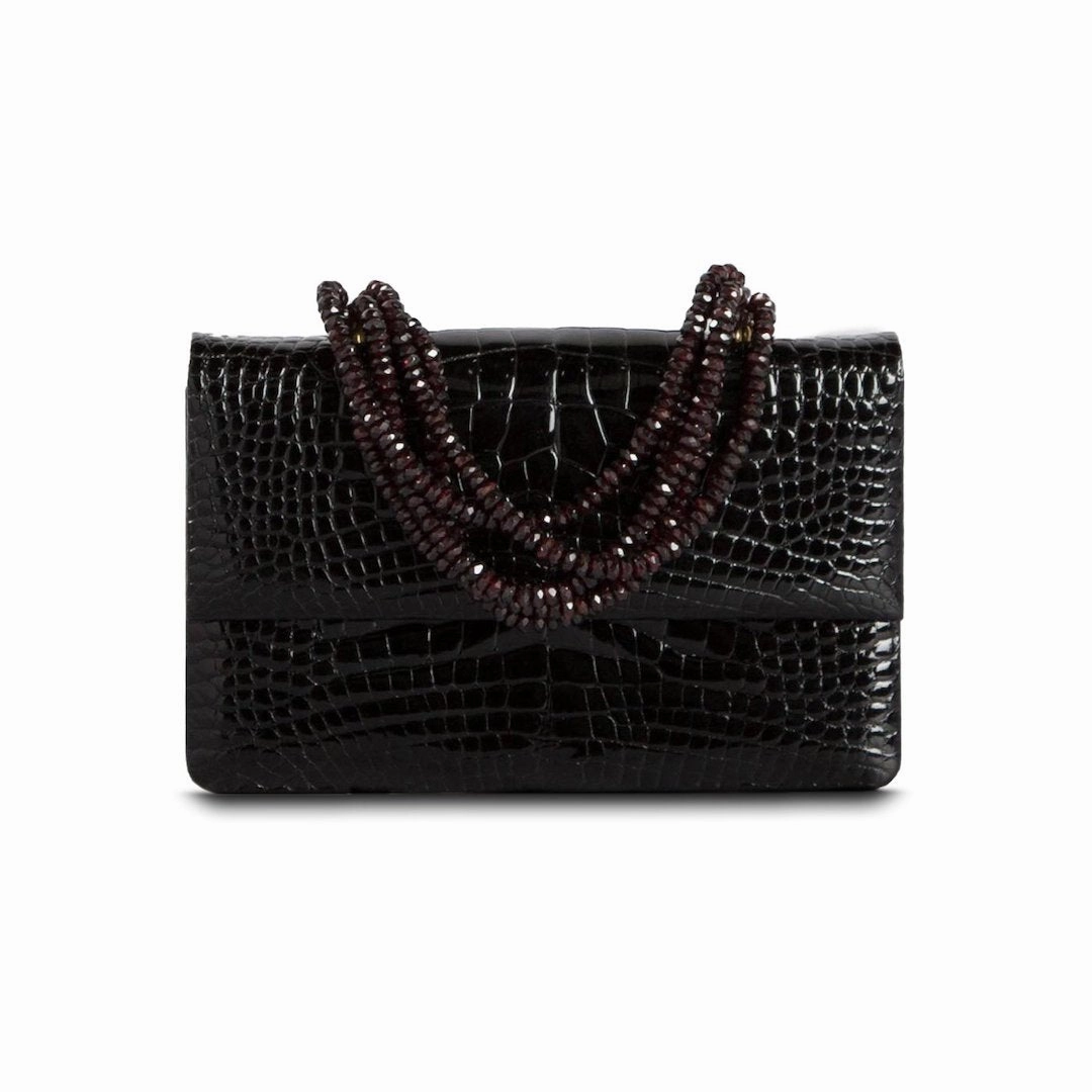 City Style Refined Look Necklace Handbag - Black Crocodile, Garnet Handle
