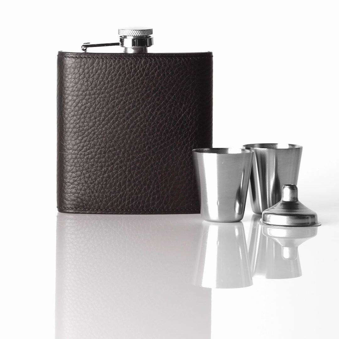 Comfort Carry Everyday Style Hip Flask Gift Set, 6 Oz, Espresso Brown Leather