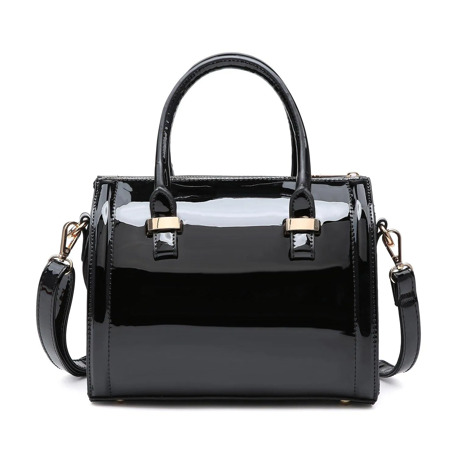 Shiny Patent Faux Leather Barrel Top Handle Satchel Bag for Women Dasein Essential Companion