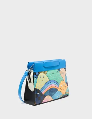 Chic Mood Sleek Functionality Vali Small Crossbody Ibiza Blue and Black Leather Bag - Happy Mountains Print