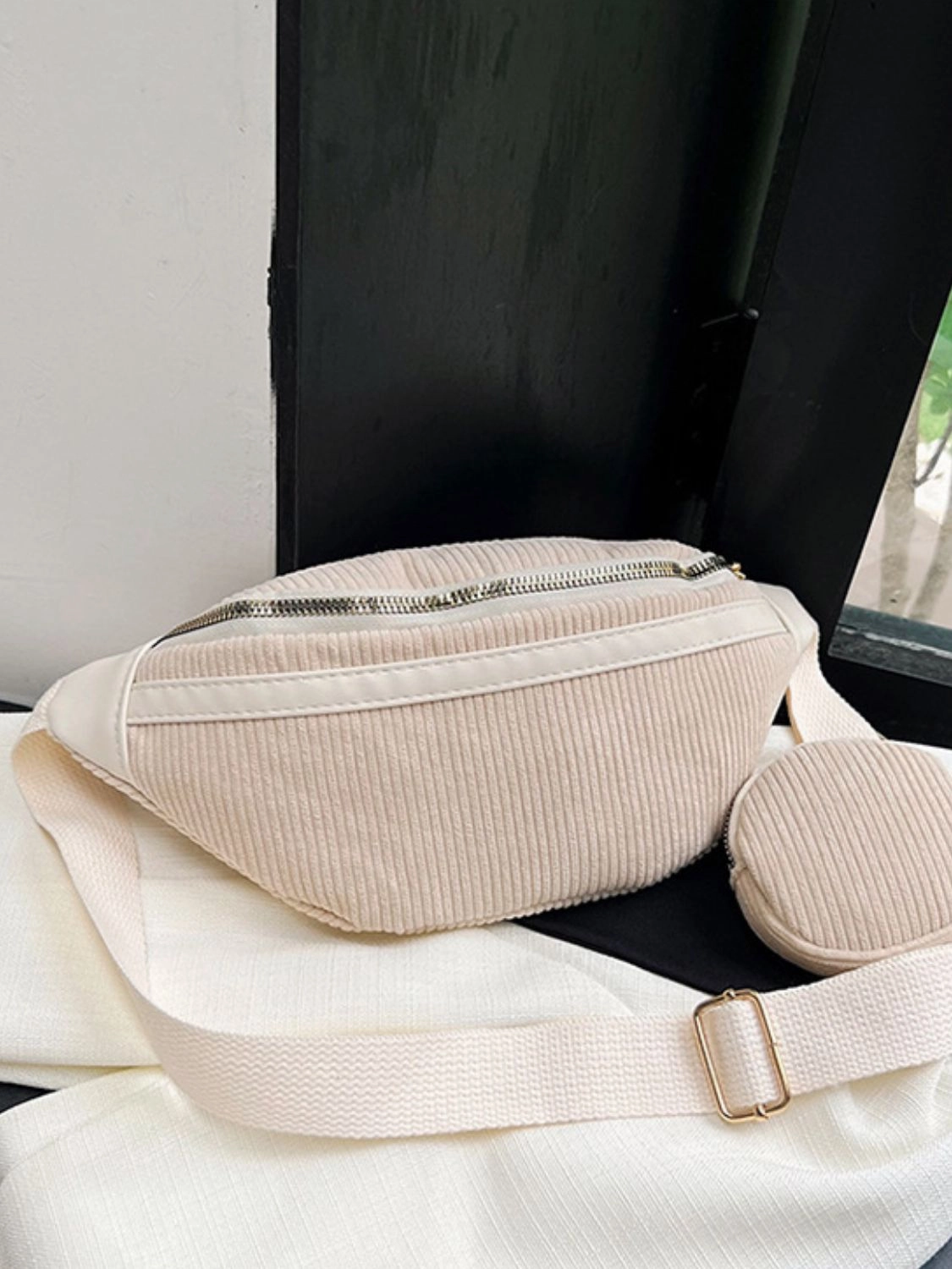 Trendy Daywear Style Multiple compartments for easy organization Corduroy Adjustable Strap Crossbody Bag with Pouch