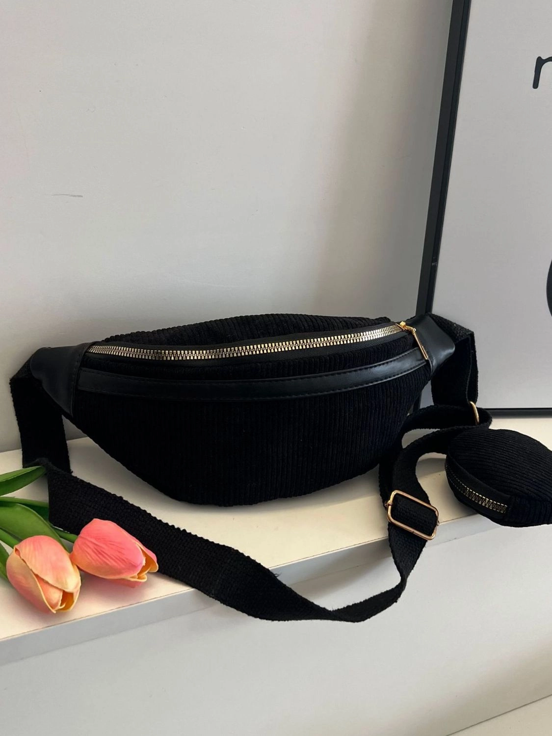 Perfect balance of practicality and fashion Corduroy Adjustable Strap Crossbody Bag with Pouch