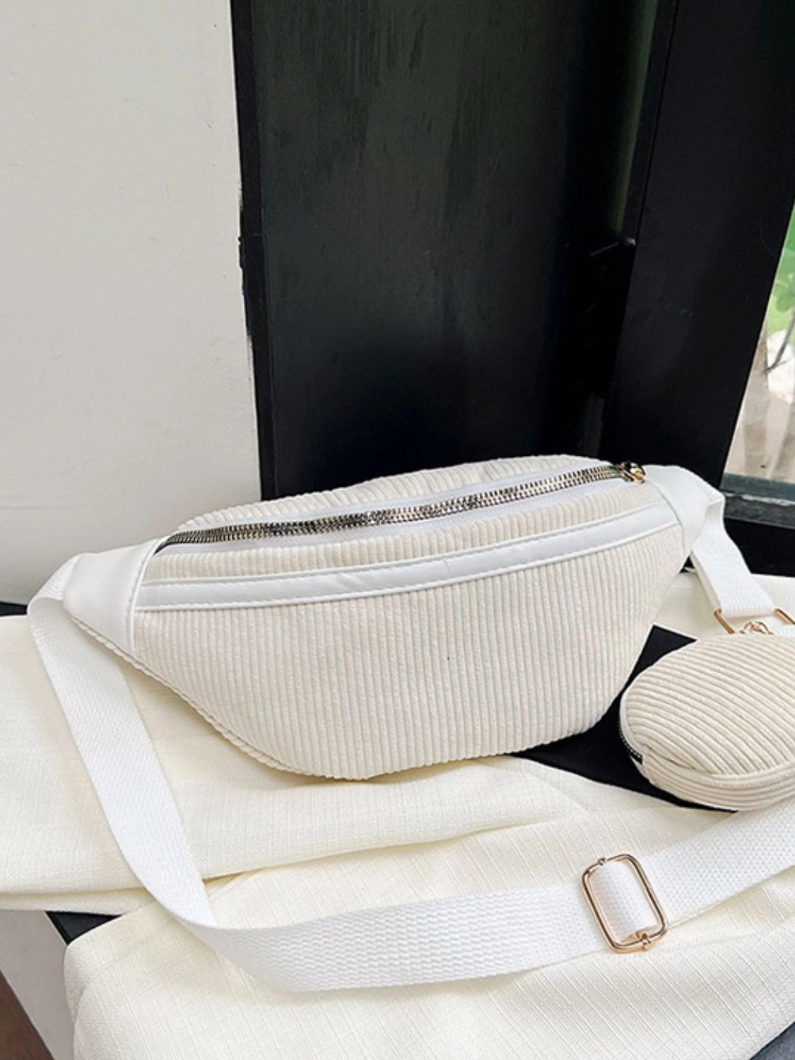 Corduroy Adjustable Strap Crossbody Bag with Pouch Soft color