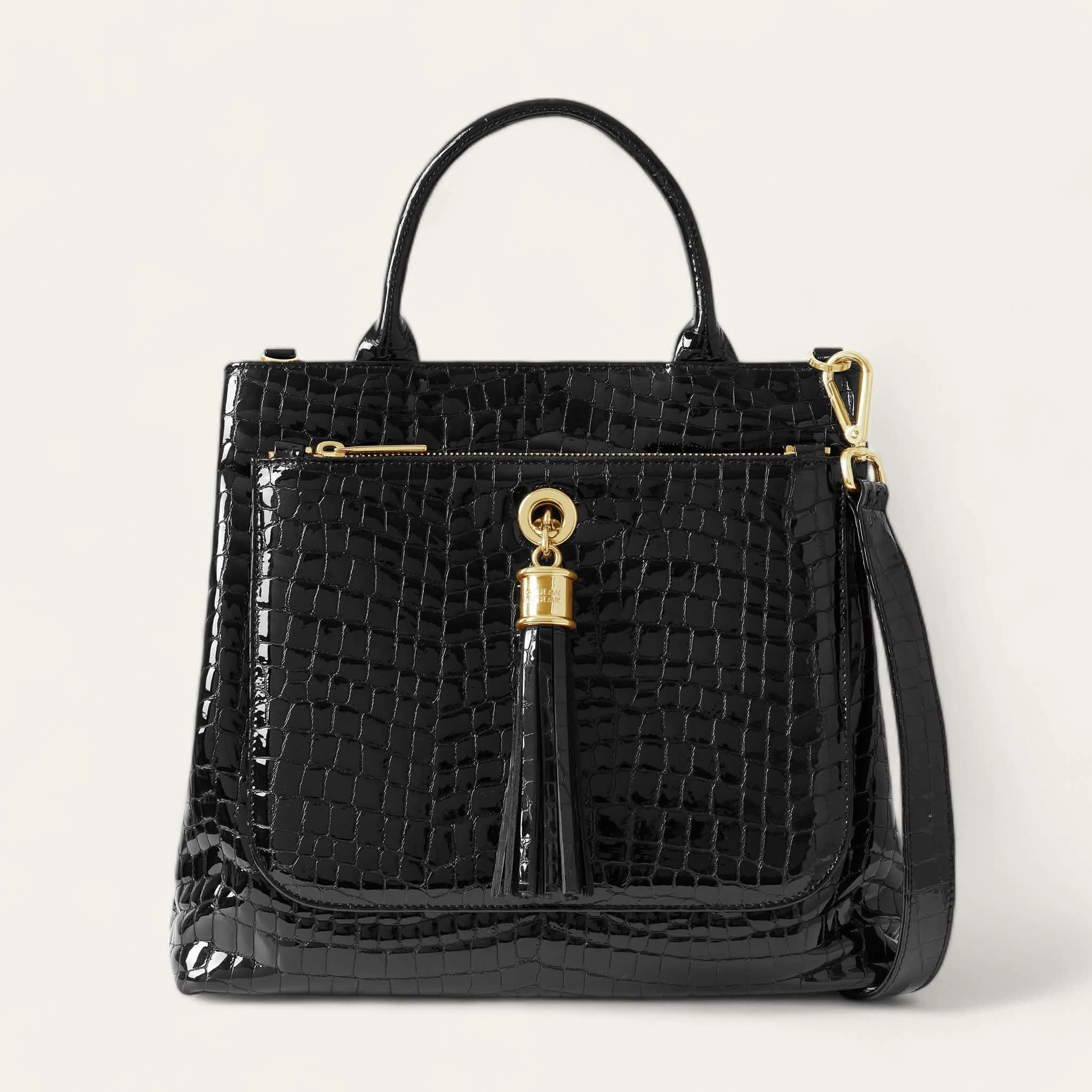 Daily Comfort Dahlia Tote | Black Patent Croc with Gold hardware