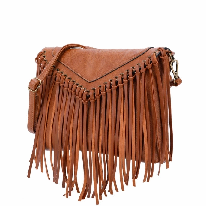 Dallas Fringe Cognac Vegan Leather Crossbody Shoulder Bag ?C Western Chic Street Style Elegant Shoulder