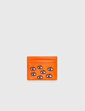 Durable Build Filium Neon Orange Leather Cardholder - All Over Eyes Embroidery and Minimalist credit card pouch. Slim cash organizer