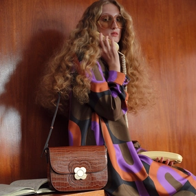 Elegant Proportion Minimal Accent Eclipse Leather Crossbody Bag - Flower Applique Croc