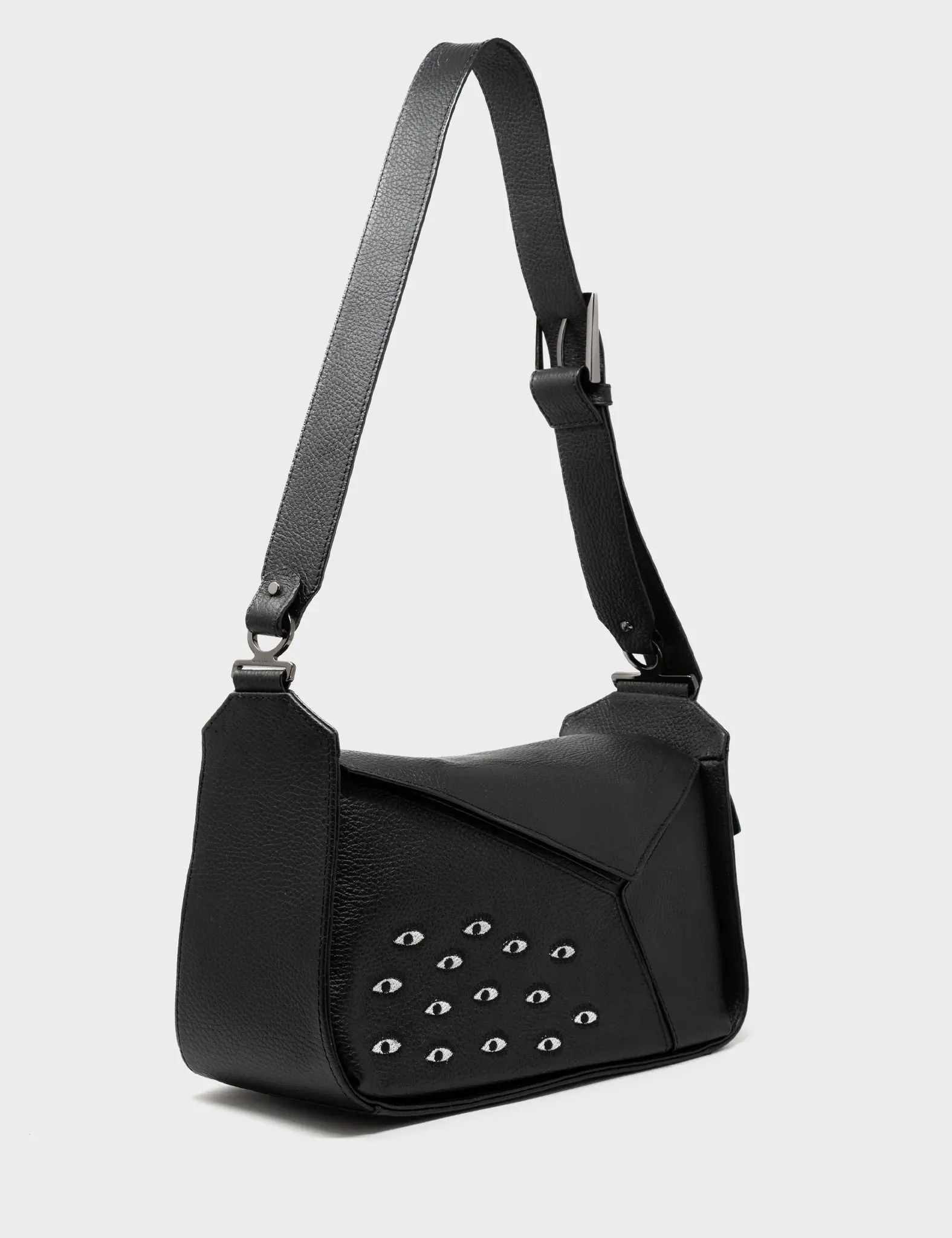 Compact Daily Houston Black Leather Shoulder Bag - Eyes Embroidery