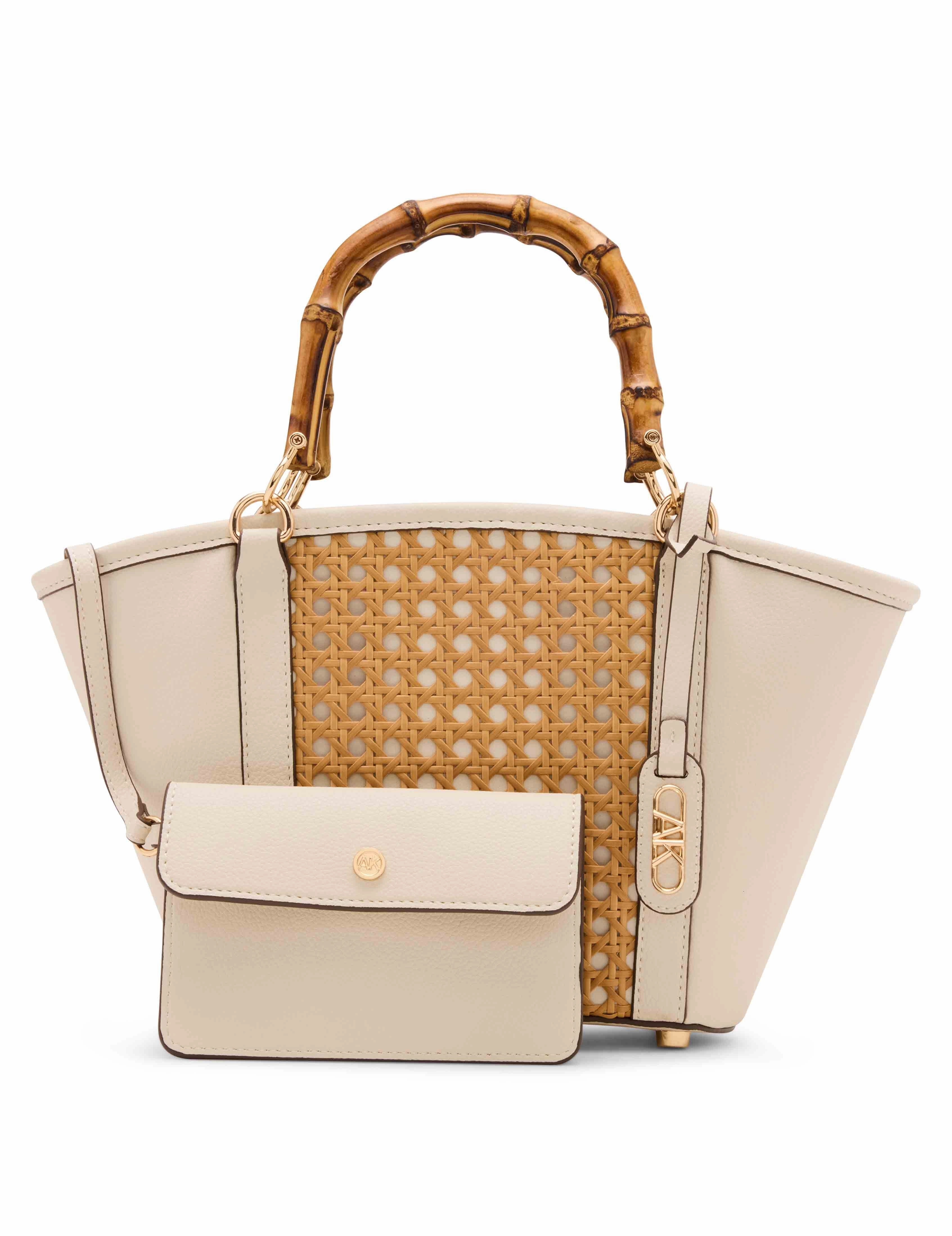 Practical Utility Caining Bamboo Handle Tote with Convertible Strap