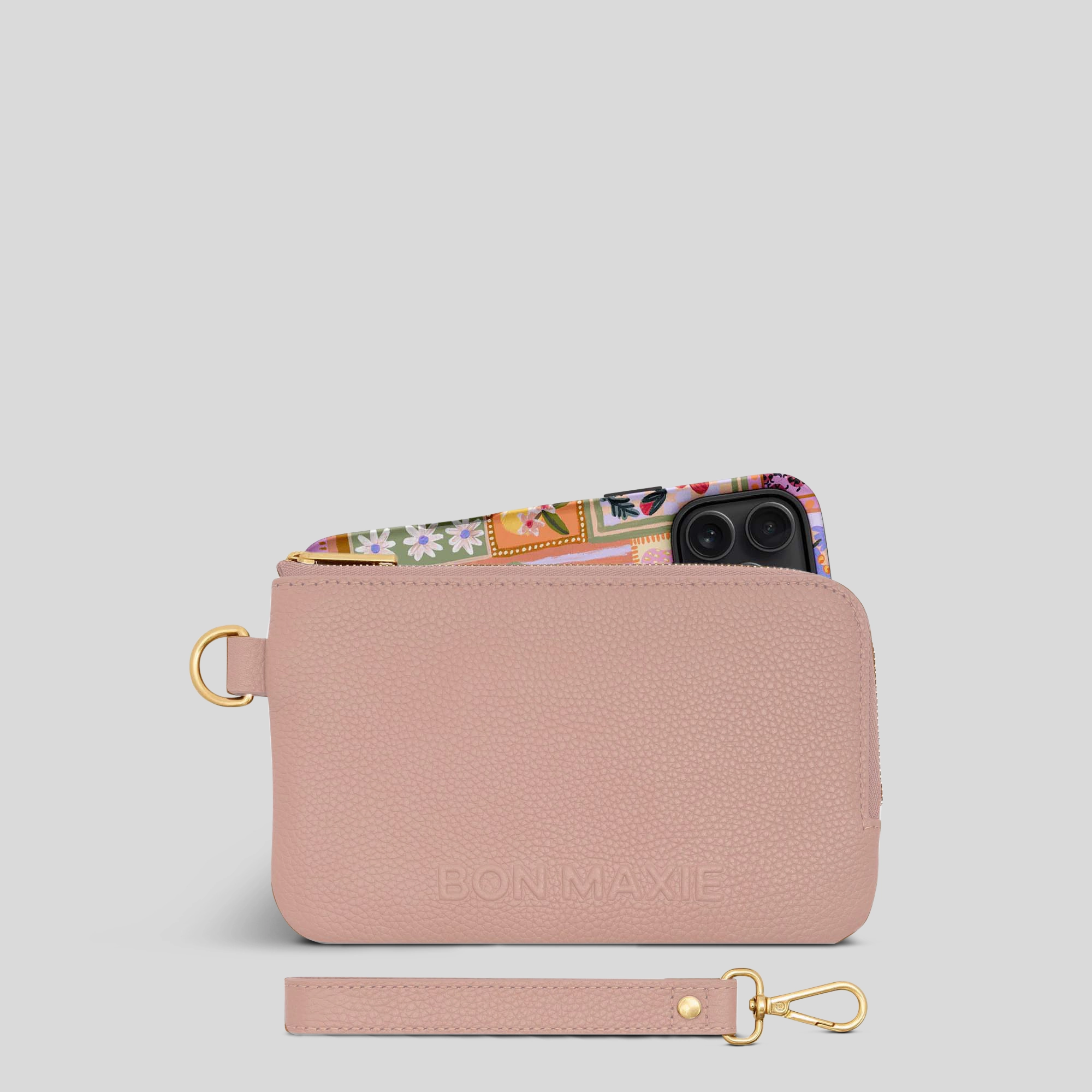 On The Go Adventure Ready Phone Wallet Pouch in full-grain pebbled leather -- Milk Tea