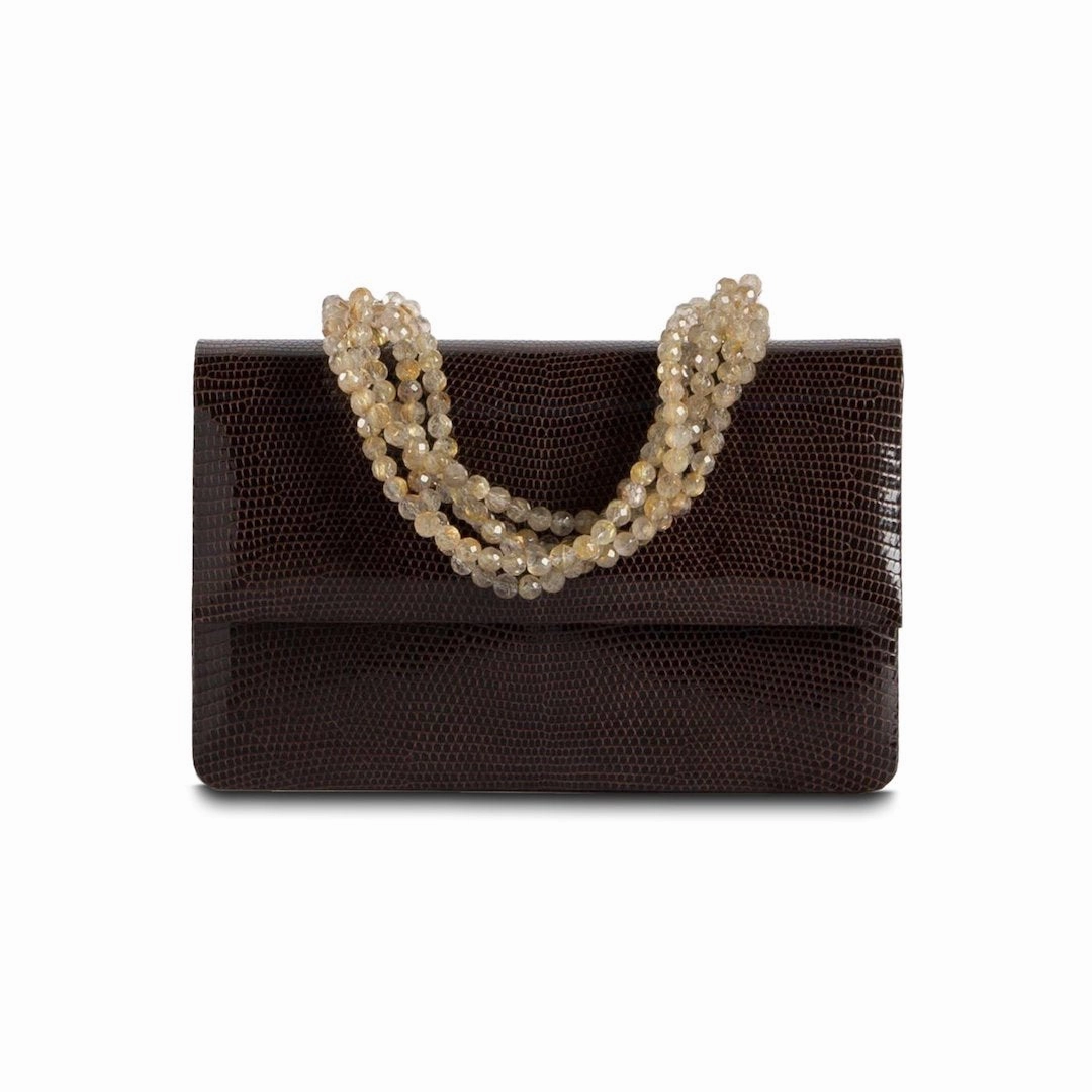 Necklace Handbag - Brown Lizard with Rutiliated Quartz Flexible Design Refined Look