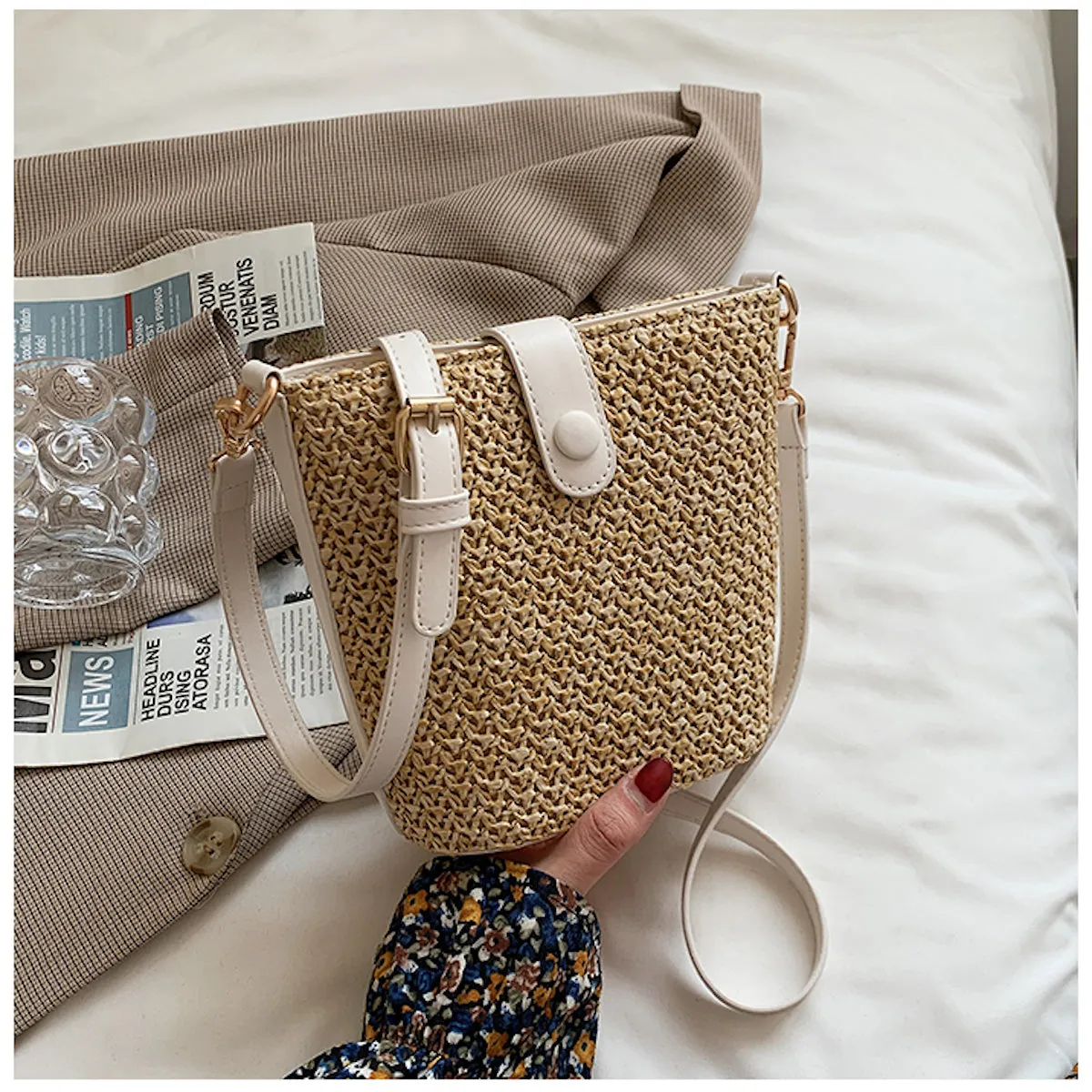 Elegant Simplicity Quality Finish Elena Handbags Crossbody Leather and Straw Bag