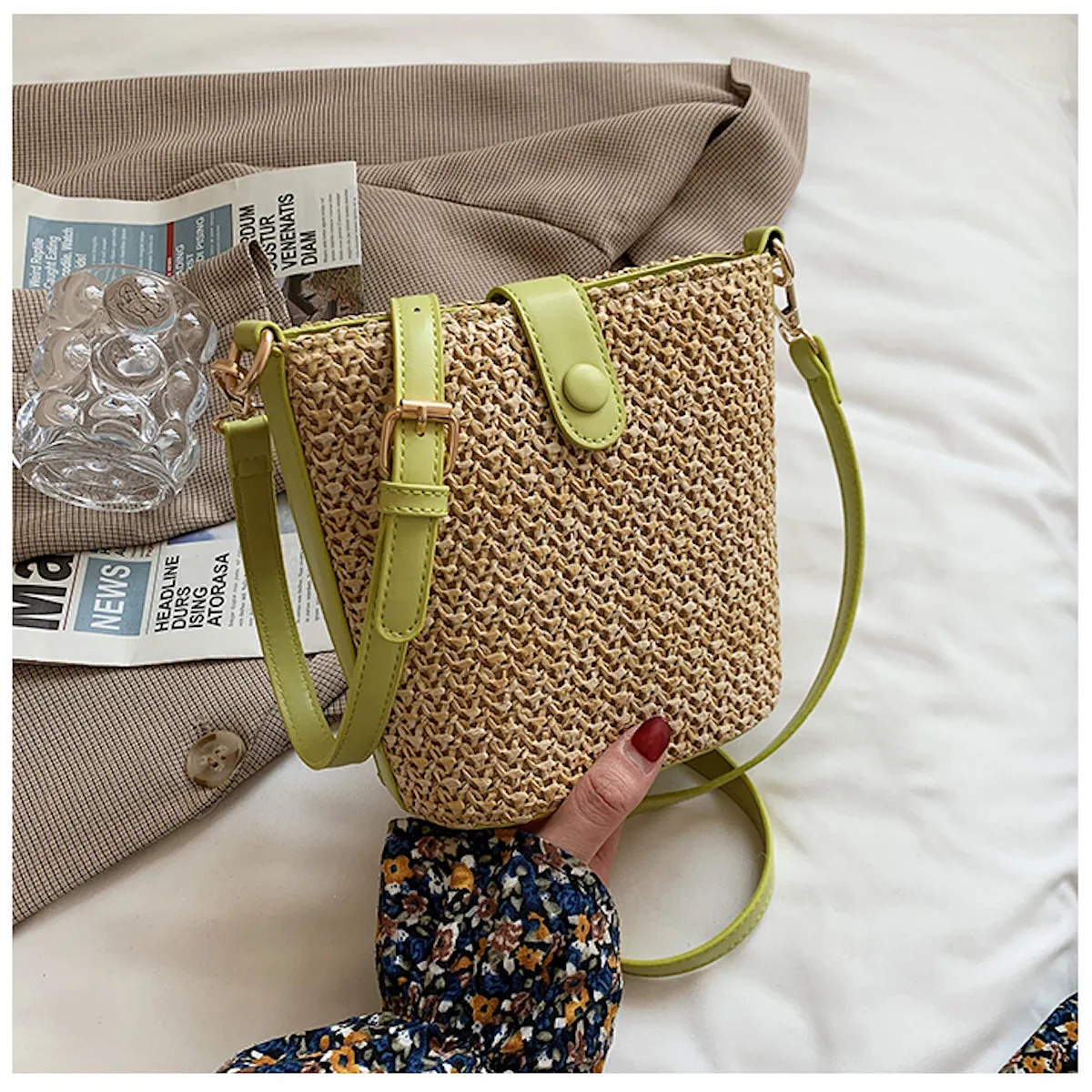 Versatile Function Sustainable Material Elena Handbags Crossbody Leather and Straw Bag
