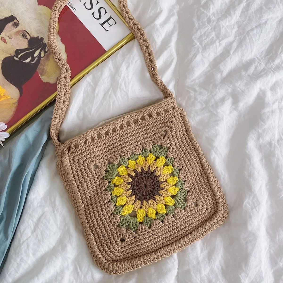 Versatile Use Elena Handbags Handmade Crochet Sunflower Purse