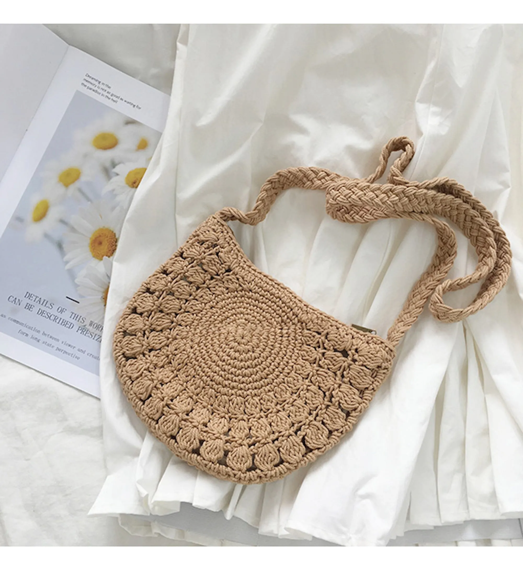 Elena Handbags Small Boho Cotton Knitted Shoulder Bag Work Necessity